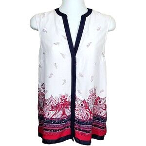 S Oliver Top 2 / XXS White Red Paisley Trim Sleeveless Lightweight Blouse